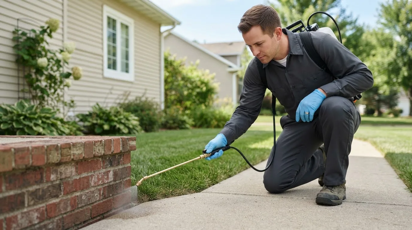 Pest control technician treating a home near Deweyville, UT